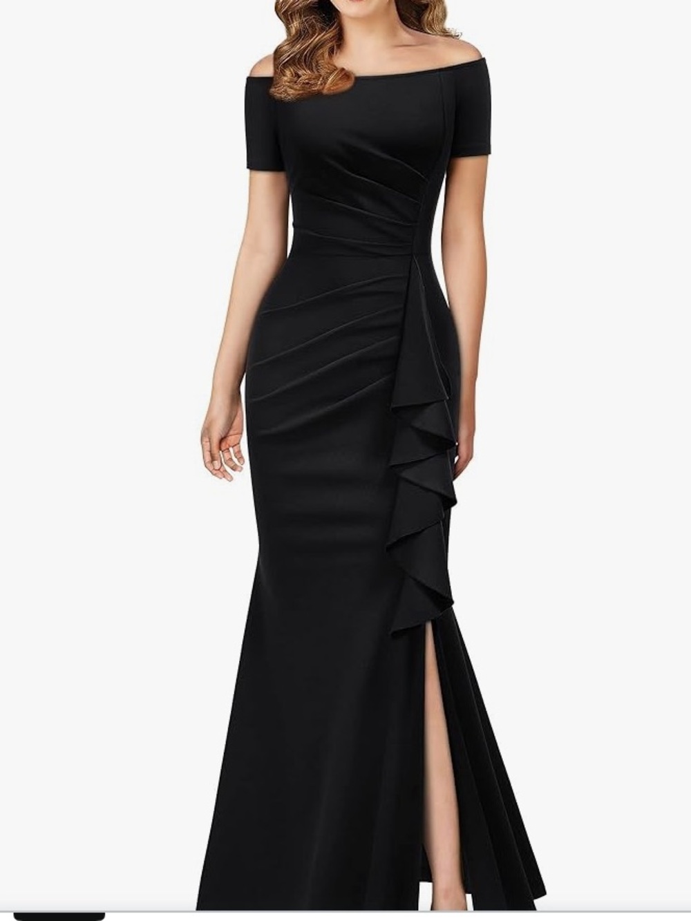 NWT AISIZE  black maxi of the shoulder short sleeve ruffled front ruched dress